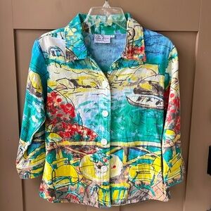 Michael Leu 100% Cotton Art To Wear 3/4 Sleeve Button Down Shirt Beach Landscape